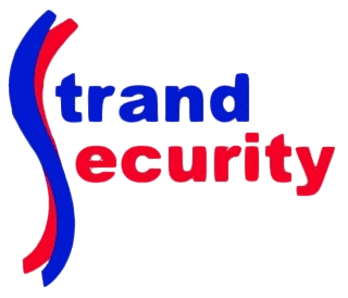 A red, white and blue strand security logo.