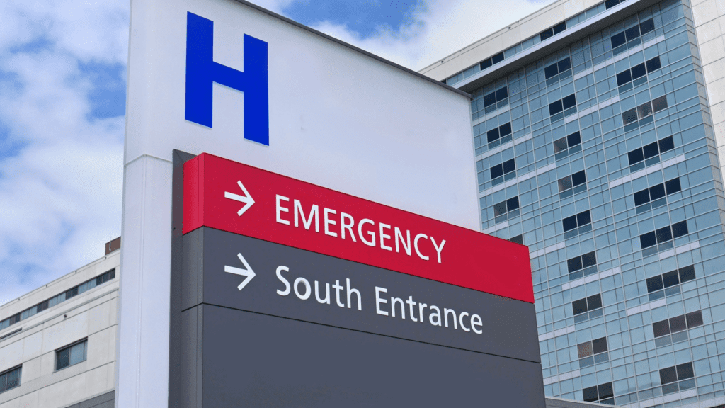 hospital entrace. Hospitals need a commercial fire alarm system 