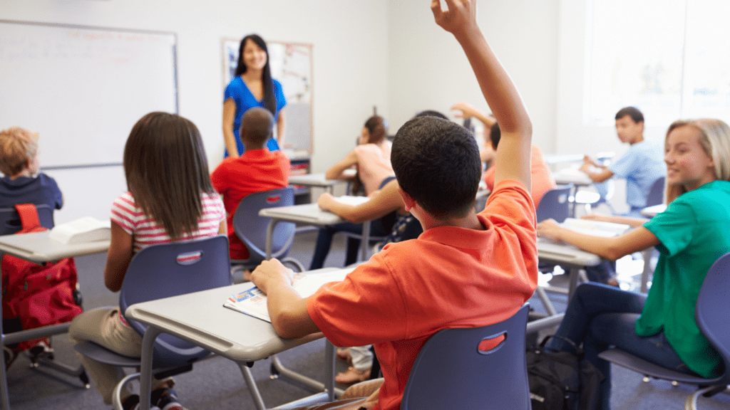 student raising their hands to ask a question