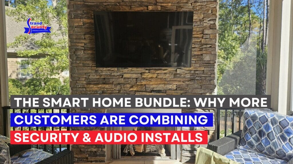 larrge TV on a fireplace in a southern home, connected to a home security system