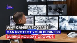 Security supervisor monitoring business security cameras in the backroom of a local store